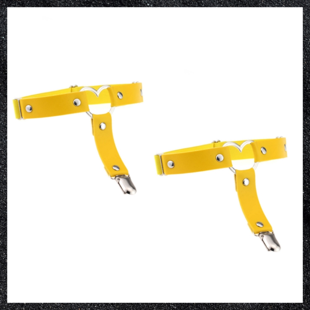 Yellow Studded Heart Leather Thigh Garter Harness Pair Set
